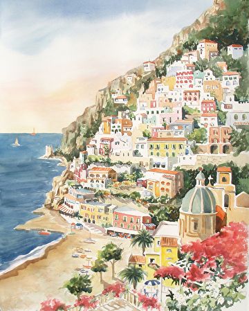 Watercolor of colorful hillside village overlooking blue ocean with sailboat and flowering garden in foreground