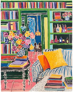 Colorful painting of cozy reading room with bookshelves, flowers, striped couch and bright cushions