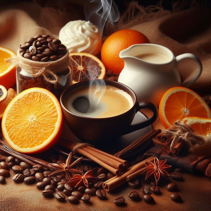 Steaming coffee cup surrounded by orange slices, coffee beans, cinnamon sticks, and star anise on burlap