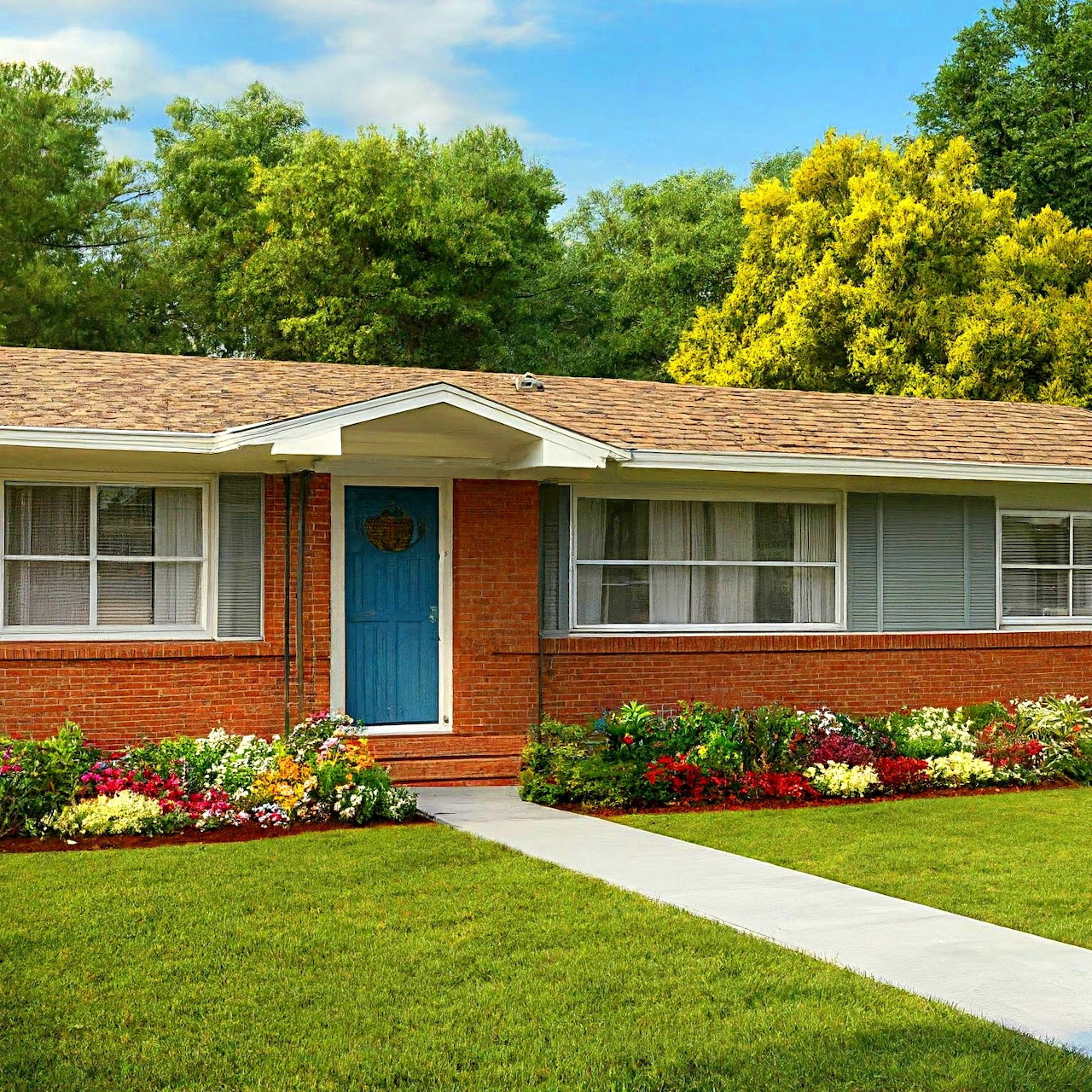 Ranch-style brick home with blue door, flowering garden beds, and green lawn under blue sky