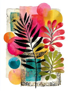 Abstract floral collage with black and green leaves, colorful circles, and textured paint blocks