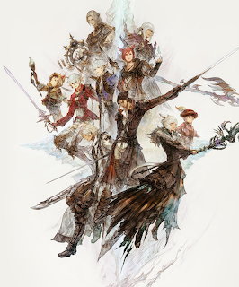 Fantasy game concept art with warriors and magical characters in action poses