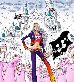Blonde anime woman in purple and red outfit with castle and pirate flags behind her, pink flamingos below