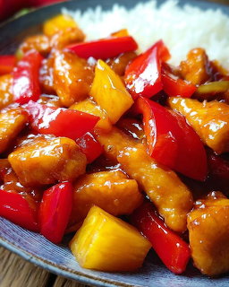 Bowl of sweet and sour chicken with colorful bell peppers and pineapple chunks next to white rice