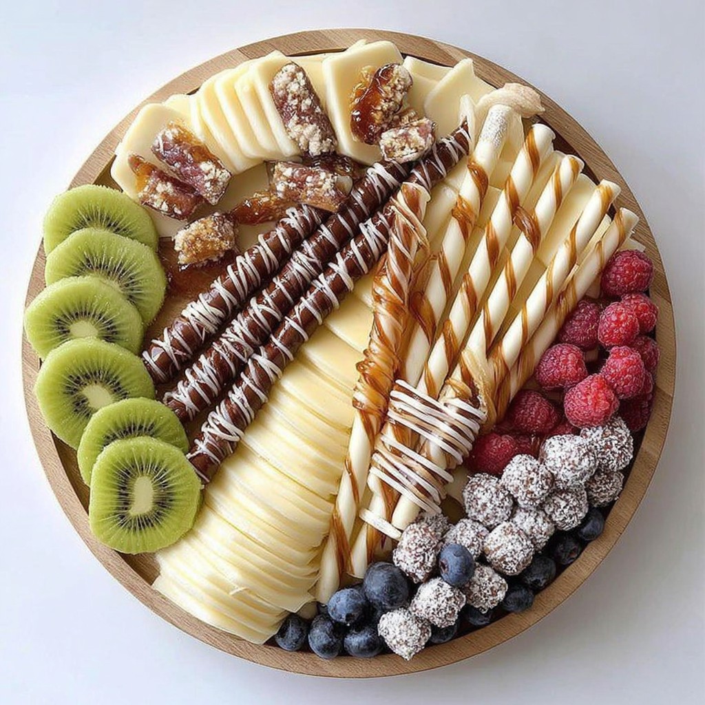 Circular wooden platter with fresh fruit and chocolate desserts arranged in sections