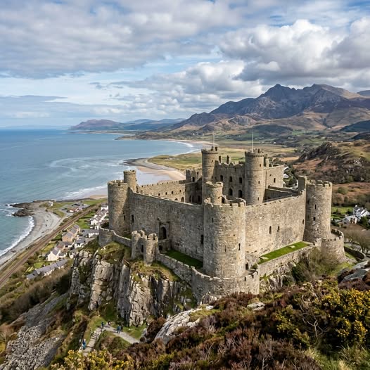 Medieval stone castle on a rocky hill overlooking the coast, sea, and distant mountains