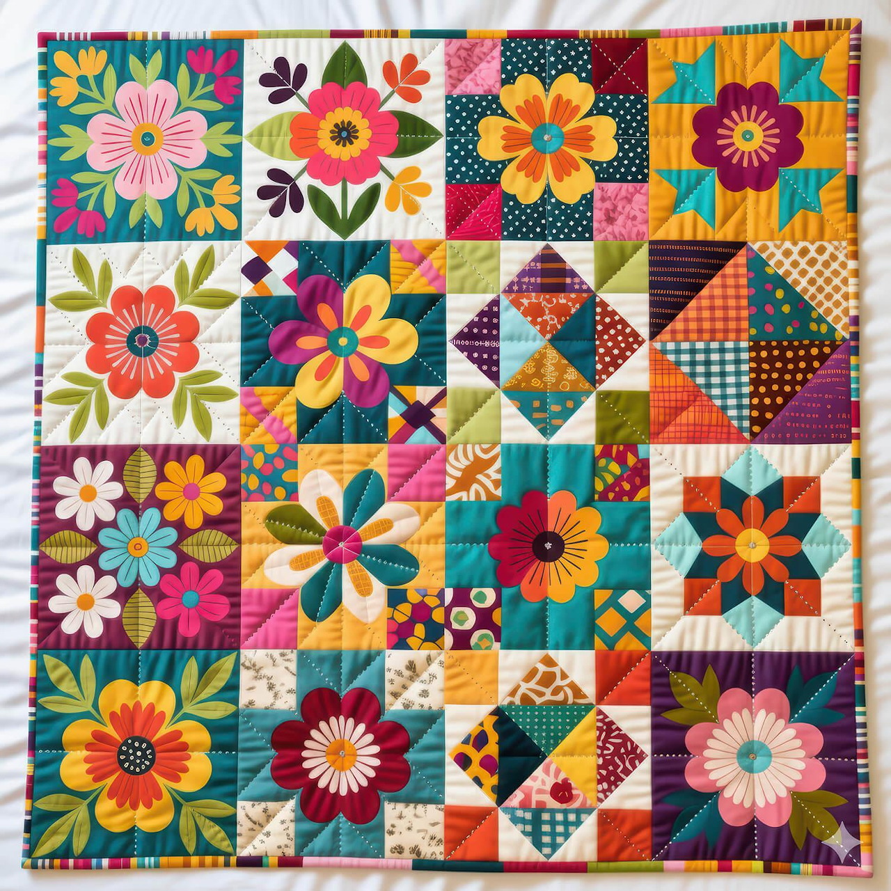Colorful handmade quilt with flower blocks and geometric patchwork patterns in bright fabrics