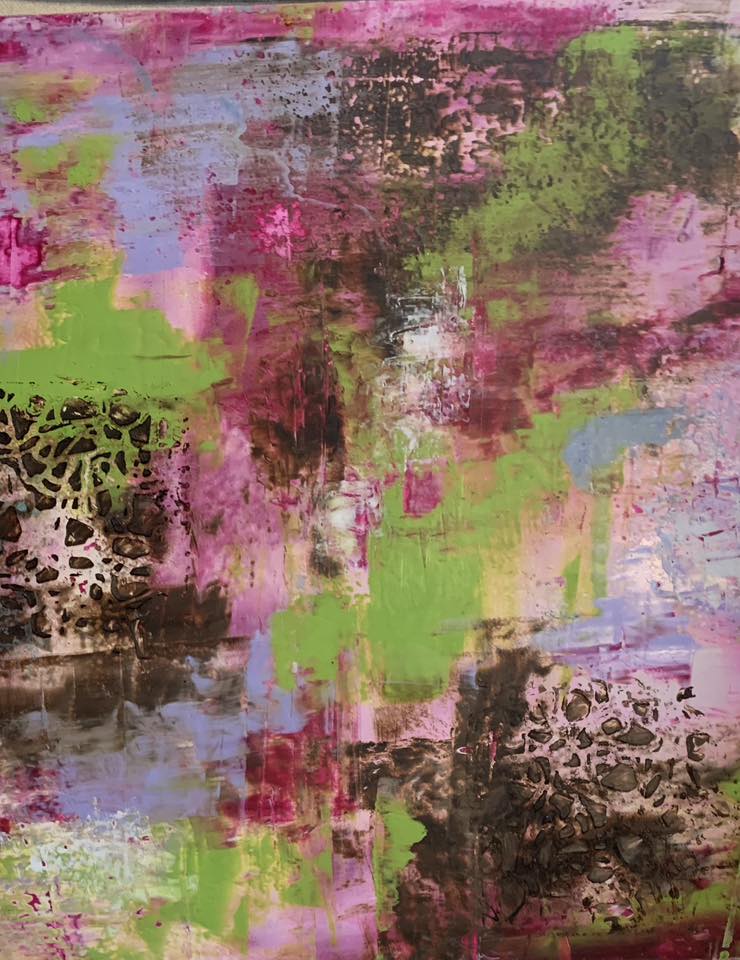 Abstract mixed media painting with layered pink, green, brown, and lavender textures