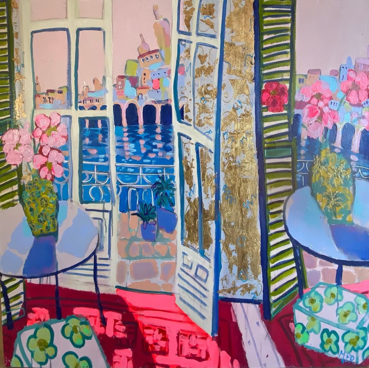 Painting of interior room with two decorative vases with pink flowers, open shutters showing coastal sea view