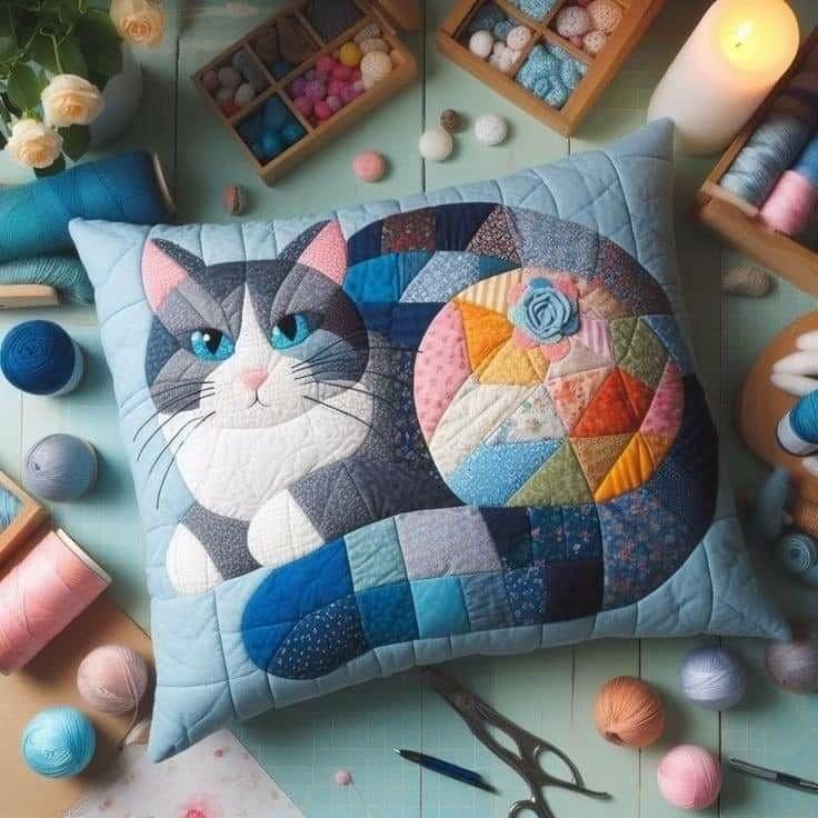 Quilted patchwork cushion with geometric cat design surrounded by sewing supplies and colorful buttons