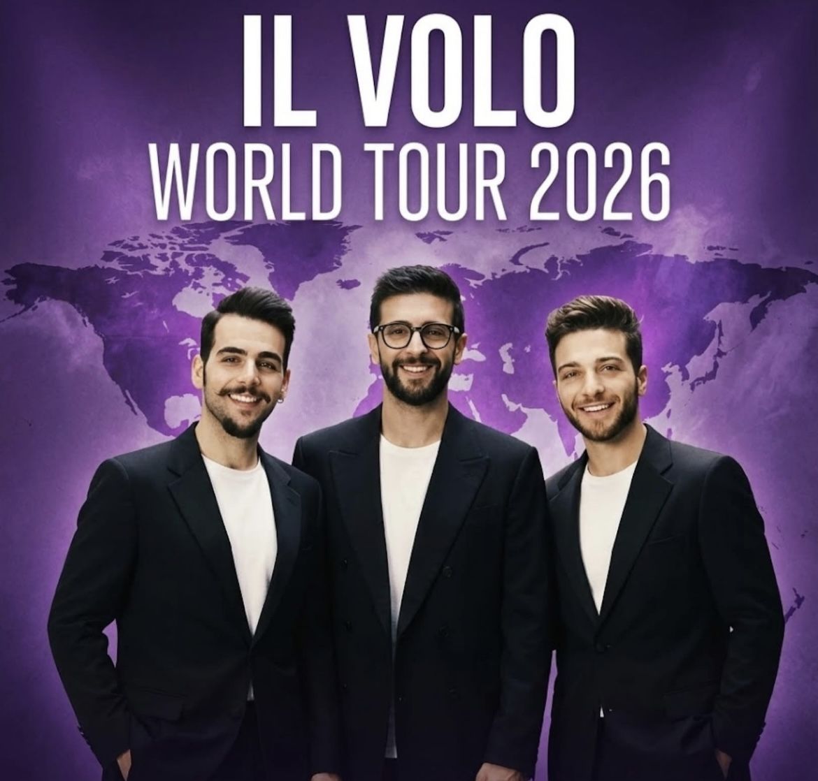 Promotional poster of Il Volo with three men and World Tour 2026 text on a purple background