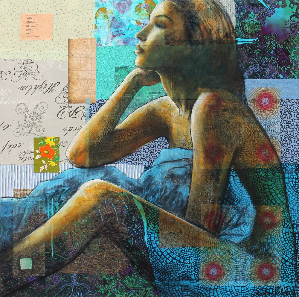 Mixed media portrait of woman in blue against patterned turquoise background with vintage text and floral elements