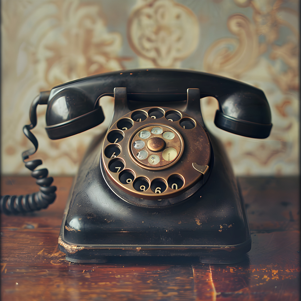 Black vintage rotary dial telephone on a wooden table with floral wallpaper behind it