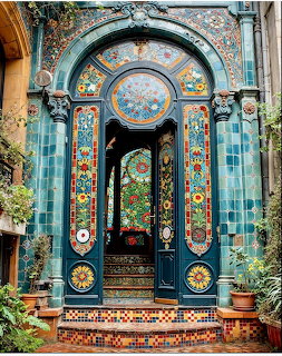 Ornate Moroccan-style arched doorway with colorful mosaic tiles and potted plants