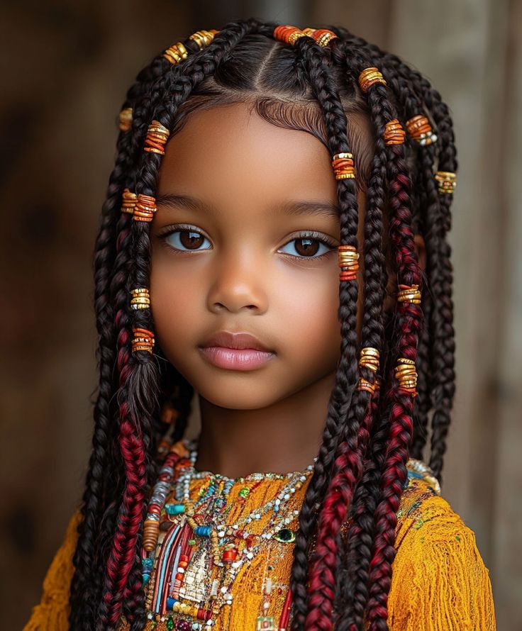 Young girl with beaded box braids and traditional jewelry looking at camera