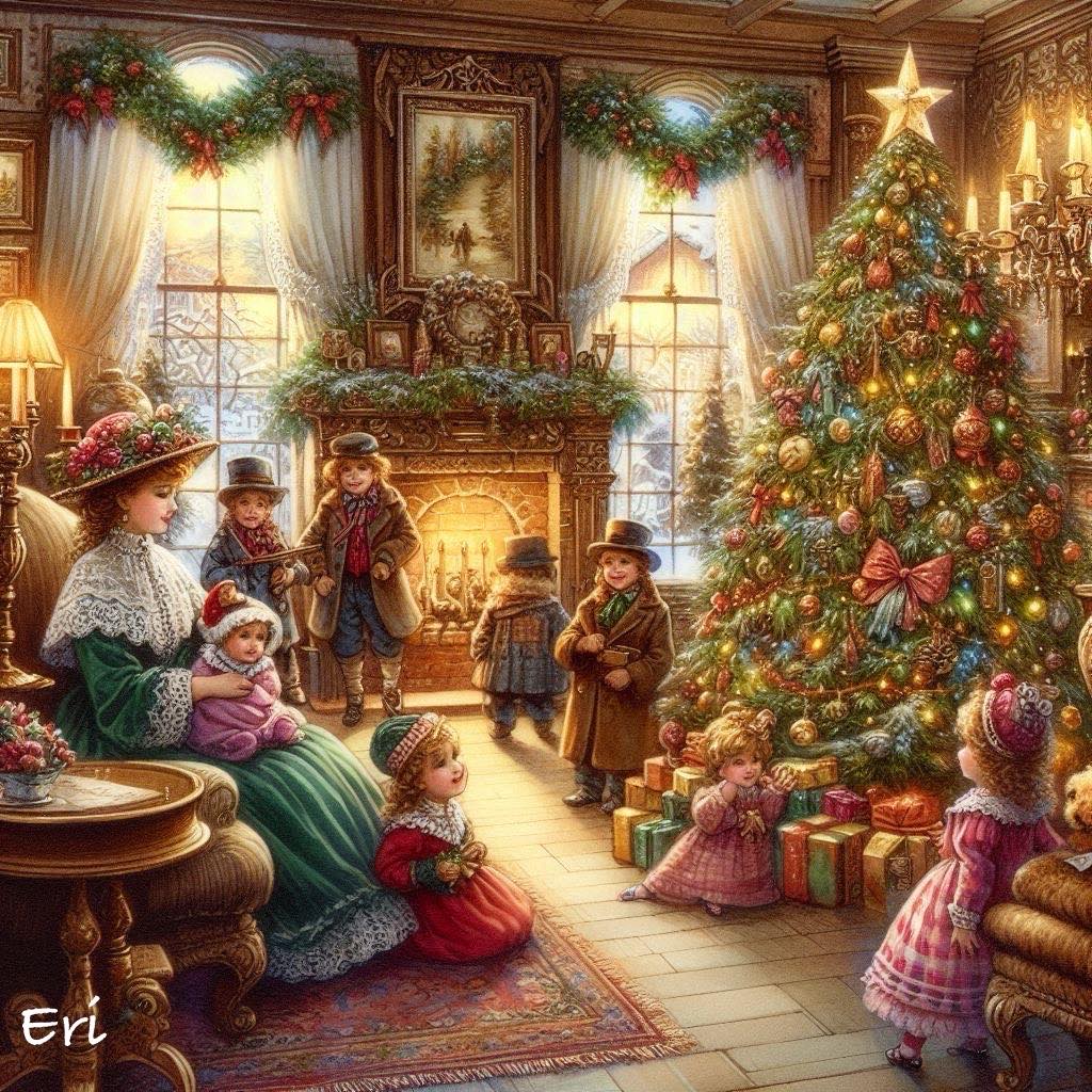 Family in period clothing gathered around Christmas tree in warmly lit room with fireplace and holiday decorations