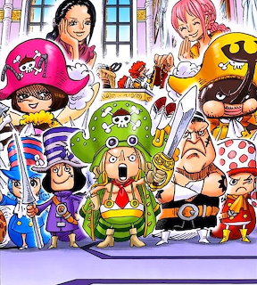 Group of One Piece anime characters in costumes posing together with desserts