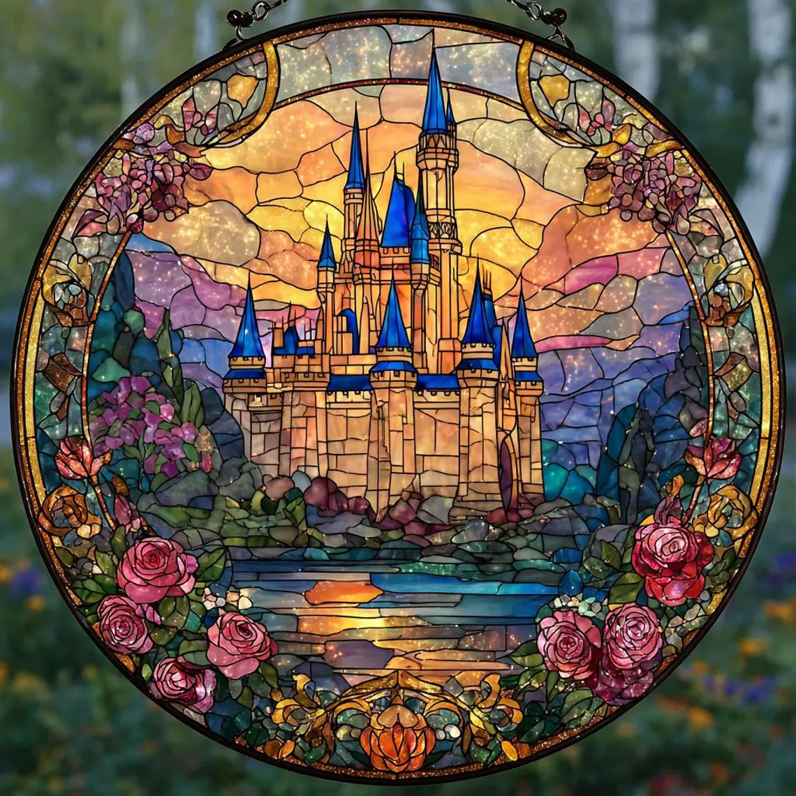 Circular stained glass suncatcher showing fantasy castle with floral frame and mountain landscape in rich colors