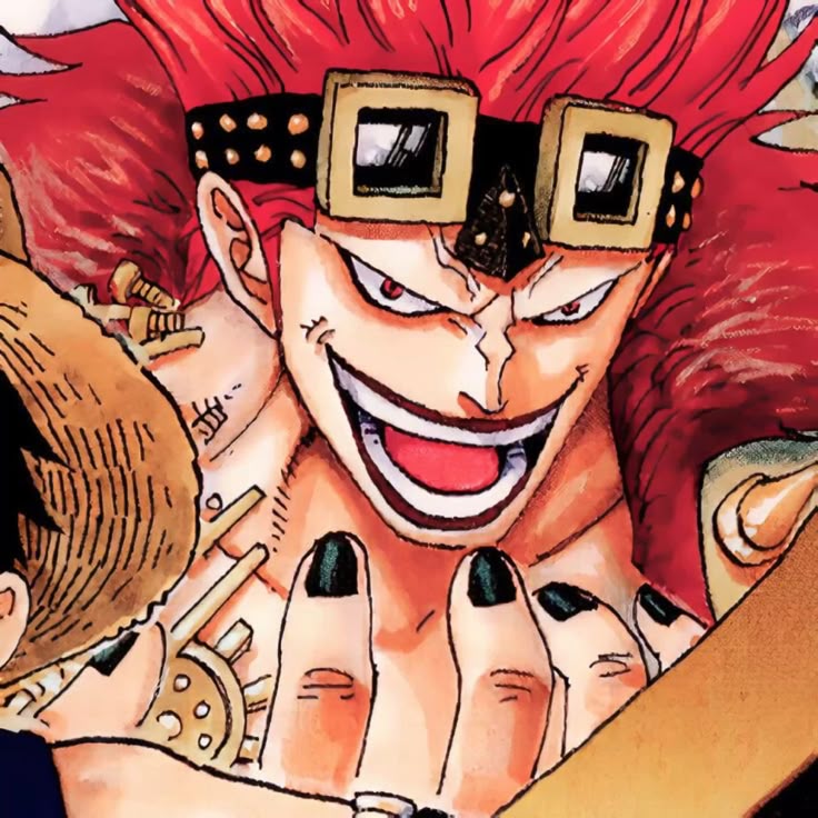 Eustass Kid from One Piece anime with red hair, goggles, and wide grin in manga illustration style
