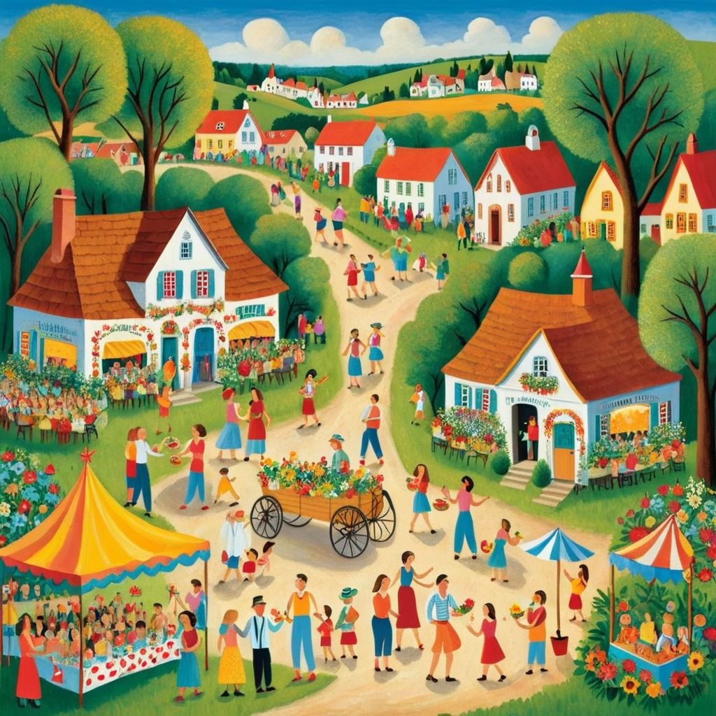 Illustrated village fair with houses, trees, people, and market stalls in vibrant colors