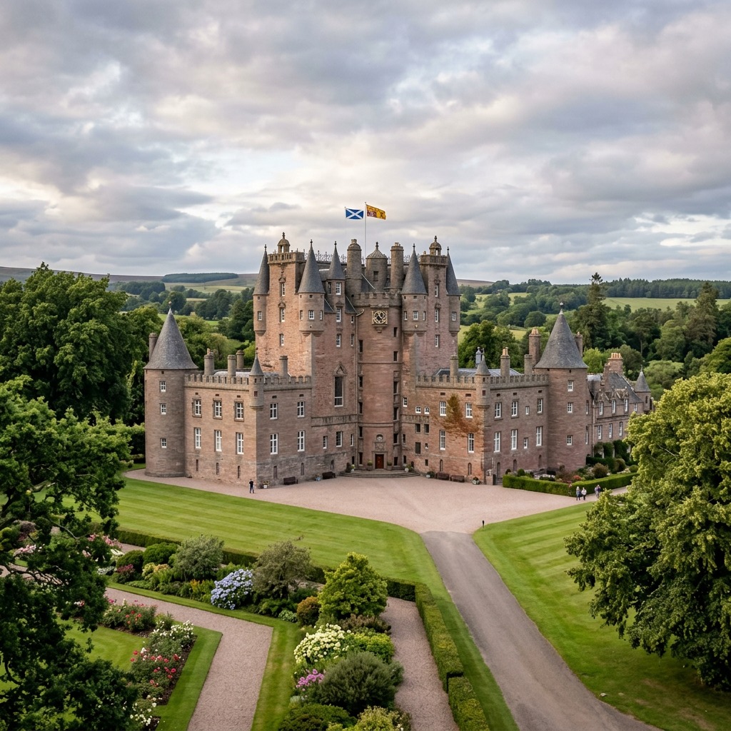 Glamis Castle with green lawns, gardens, and cloudy sky in the Scottish countryside