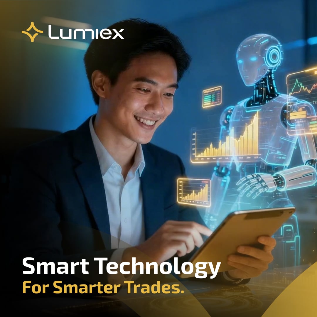 Smiling man using a tablet next to a glowing holographic robot and digital charts