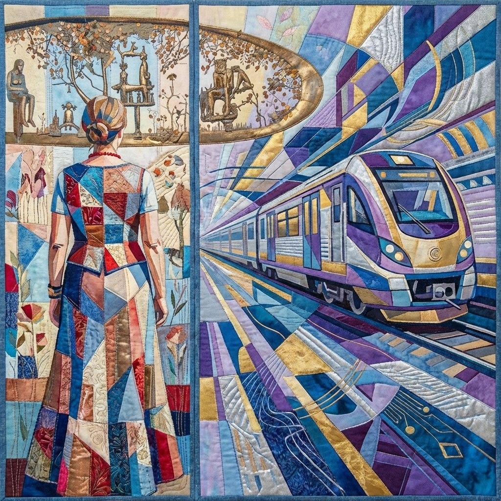 Split image: Egyptian scene with hieroglyphs meets futuristic train station with vibrant geometric patterns