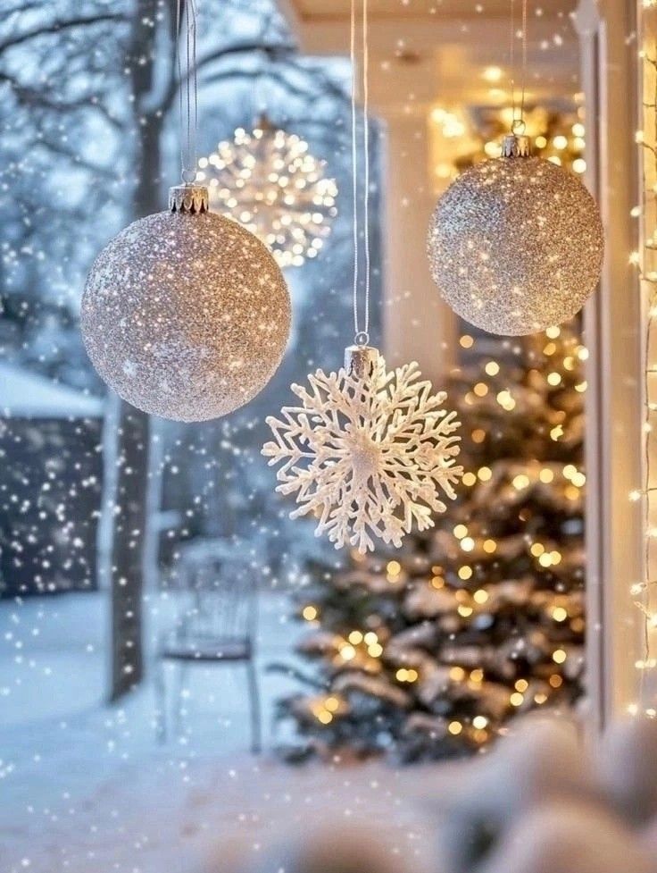 Silver Christmas ball ornaments and snowflake hanging with snowy Christmas tree and warm lights in background