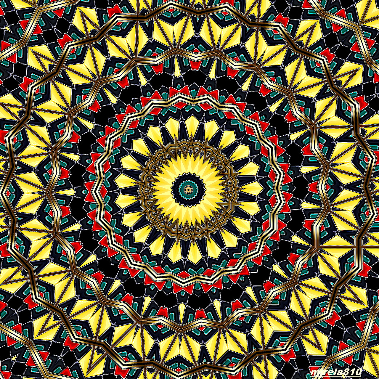 Symmetrical mandala with yellow geometric patterns and red accents on black background