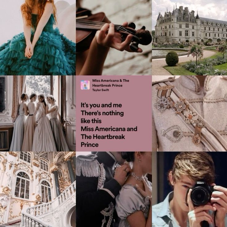 Square collage of elegant dresses, castle, jewelry, staircase, dancing couple, and a man with a camera