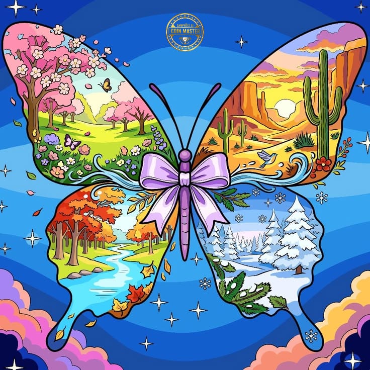 Butterfly with wings showing spring, summer, fall, and winter scenes on blue background