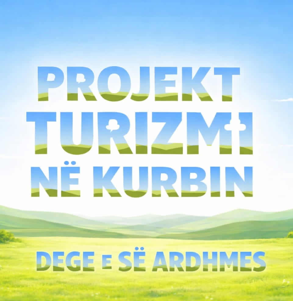 Albanian tourism project poster with colorful text over rolling green hills and blue sky