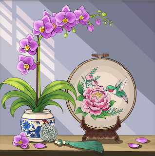 Pink orchid plant next to embroidery hoop with floral design on wooden table