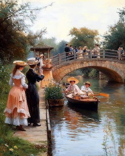 Victorian ladies in elegant dresses on arched stone bridge over canal with rowboat in impressionist garden painting