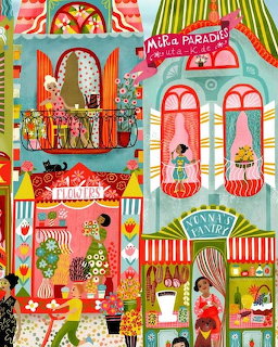 Colorful illustration of a whimsical village with shops, balconies, people, cats, and flowers
