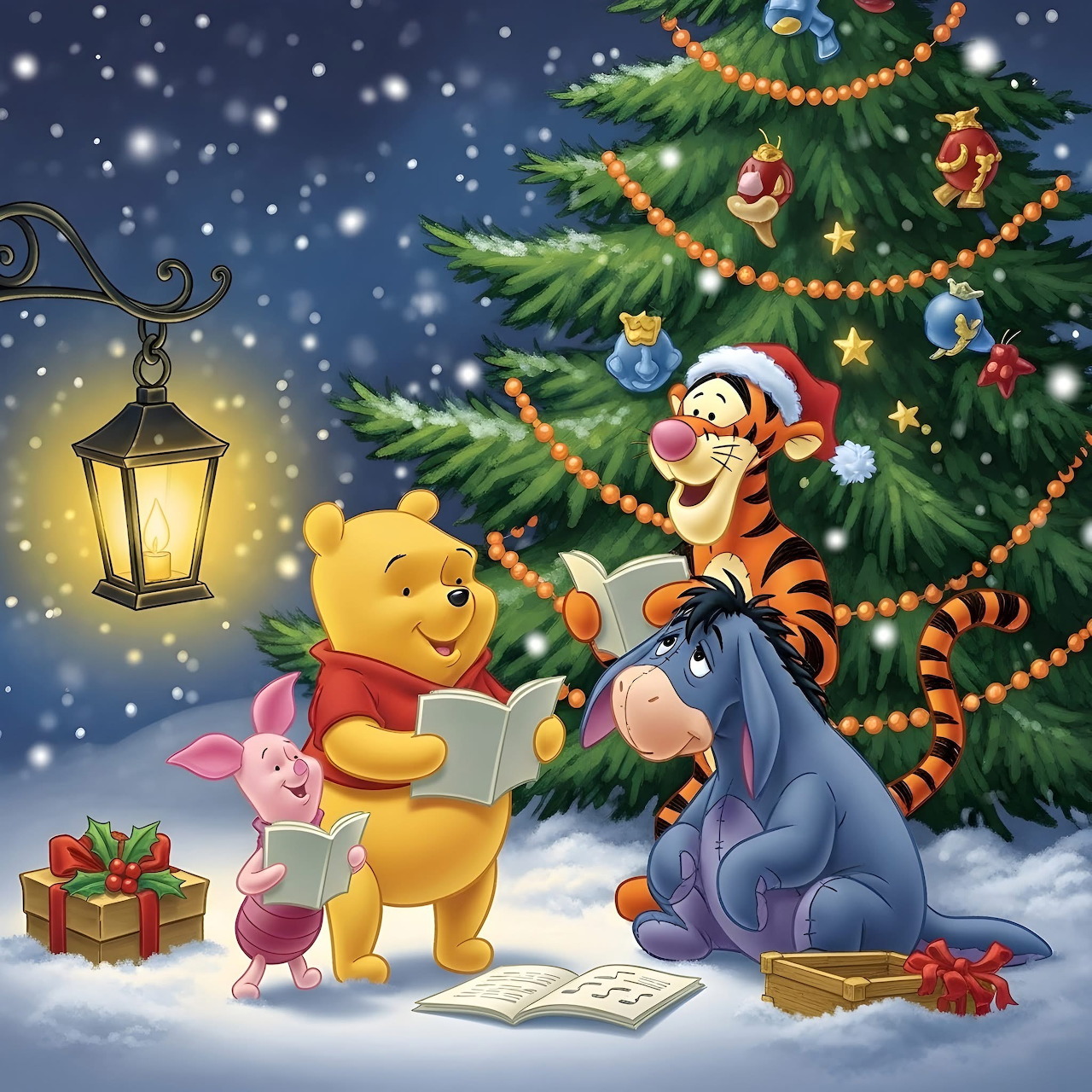 Winnie-the-Pooh and friends celebrating Christmas by a decorated tree in the snow