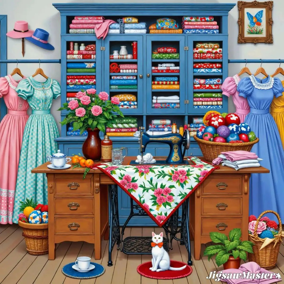 Colorful vintage sewing room with fabric cabinet, dress forms, and crafting supplies