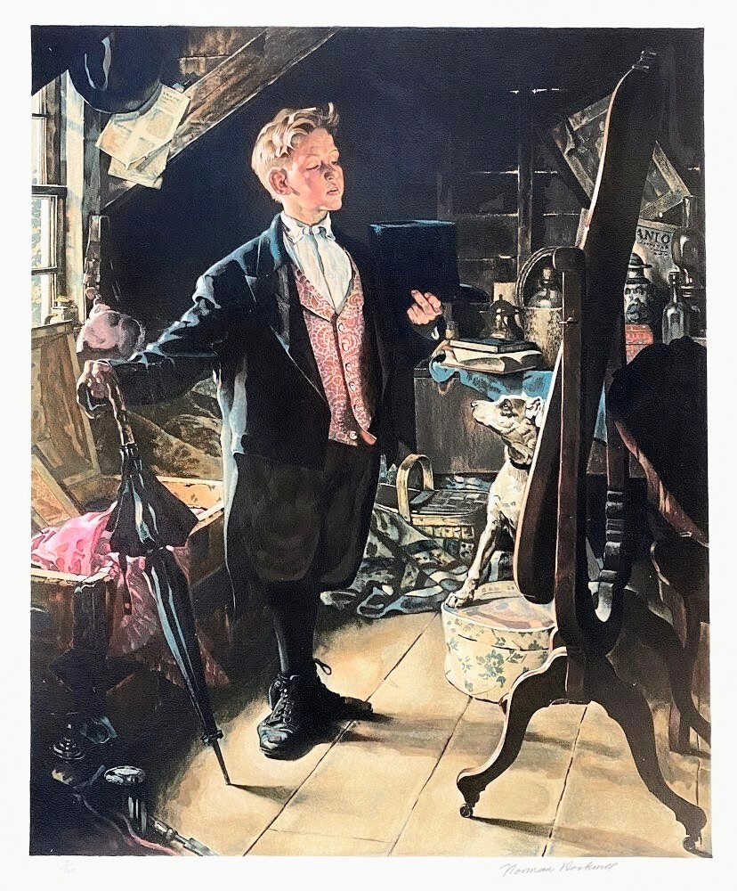 Young man in formal tuxedo and top hat posing in cluttered vintage room, Norman Rockwell illustration