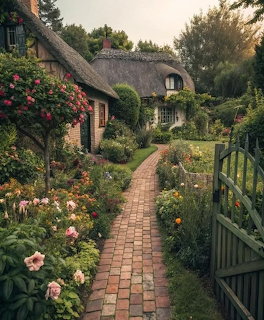 Thatched cottage with brick path through colorful flower garden