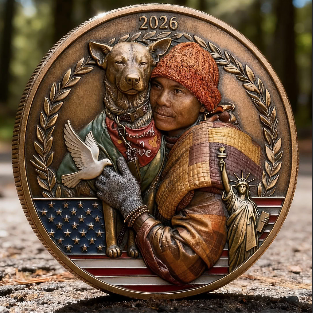 Commemorative coin showing Native American person in traditional attire with dog, laurel wreath frame and American flag design