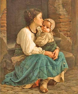 Painting of a woman seated with a child near a rustic stone doorway
