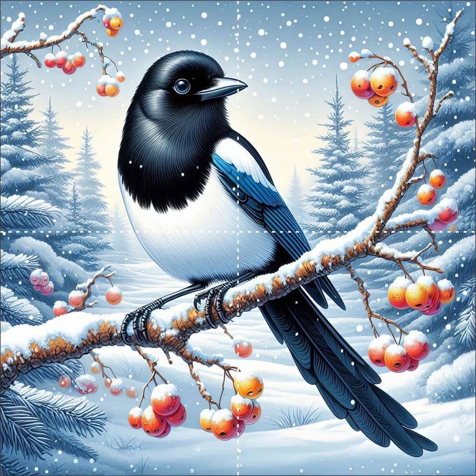 Blue magpie on snowy branch with red berries in winter scene