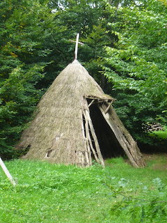 Conical thatched straw hut with wooden pole frame in a lush green forest clearing