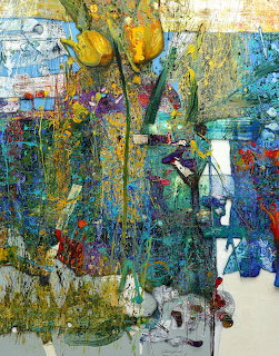 Abstract painting with yellow flowers, textured layers, and colorful mixed media elements