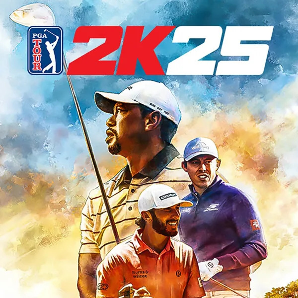Illustrated PGA Tour 2K25 cover with three golfers and a blue sky background