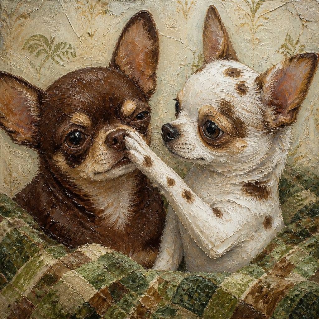 Painting of two chihuahuas cuddled together under a patchwork quilt