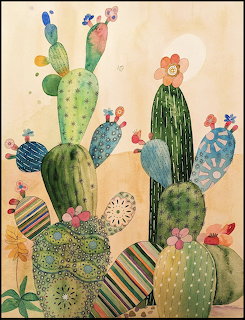 Artistic arrangement of green cacti with colorful blooms and geometric patterns on beige background