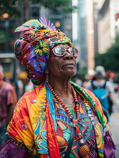 Elderly woman in colorful headwrap and beaded necklaces looking upward in city street