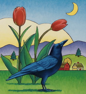 Illustration of a crow beside red tulips in a grassy countryside with hills, small houses, and a crescent moon.