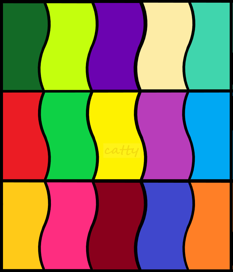 Grid of colorful wavy-edged squares in red, yellow, green, blue, purple, pink, and orange arranged in rows